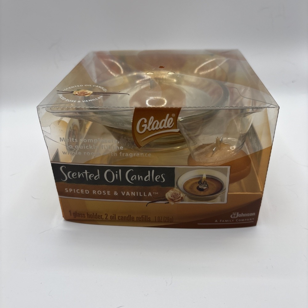 Glade Scented Oil  Candles Spiced‎ Rose & Vanilla Glass Holder & 2 Oil Refills